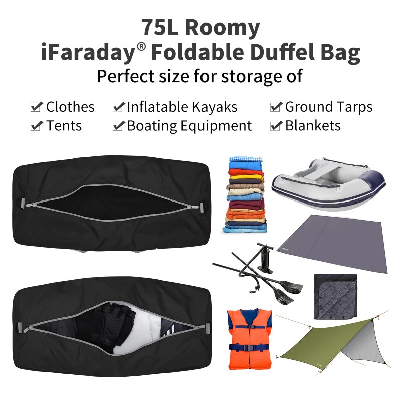 iFARADAY Foldable Duffel Bag 30 inch 75L Large Lightweight Luggage for Travel Camping Storage-Black - Image 3